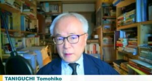 日本前首相安倍晉三的外交顧問谷口智彥在論壇中用視訊方式發表談話。 圖: 翻攝自 凱達格蘭論壇 YouTube